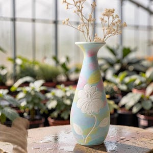 以下が含まれることがあります： パステルカラーのセラミック花瓶。白いエンボス加工の花柄が特徴です。花瓶は、ピンク、黄色、緑のアクセントが付いた水色のベースです。乾燥した花が花瓶の中に入れられています。花瓶は木製の表面に置かれています。