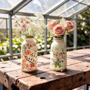 May include: Two cream-colored ceramic vases with narrow necks and rounded bodies. The left vase features a vibrant floral pattern in shades of orange, red, and green. The right vase displays a delicate rose motif. Both hold fresh floral arrangements.