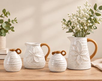 Vase en céramique rétro avec anse – Style campagnard américain – Vase hydroponique pour fleurs – Décoration bureau et maison