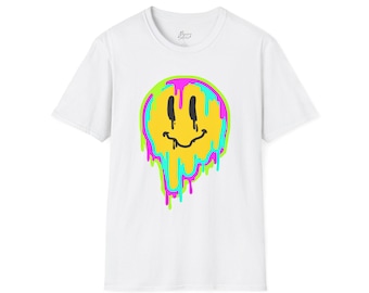 Dripping Smiley Face T-Shirt: Vibrant Graphic Softstyle Tee