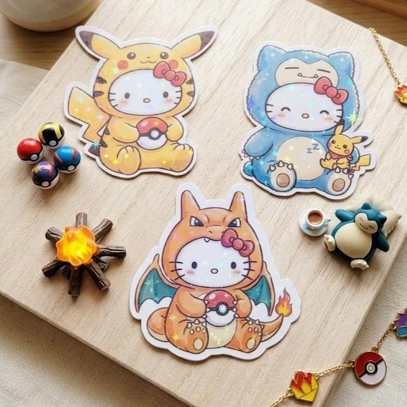 Pokemon stickers x Hello Kitty - holographic, water resistant