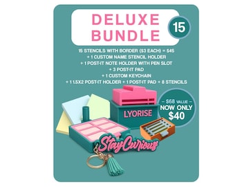 Deluxe Bundle 15 Piece with Border 3D Printed Sticky Note Stencil Set and Custom Holder – Ultimate Desk Gift for Teachers and Students