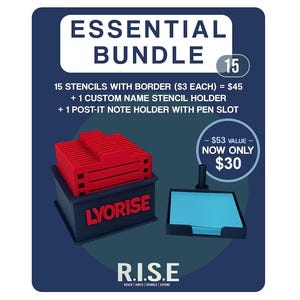 May include: A dark blue essential bundle set featuring fifteen red stencils with borders in a black holder labeled LYORISE, plus a black post-it note holder with a pen slot and light blue paper. The text reads ESSENTIAL BUNDLE and R.I.S.E.