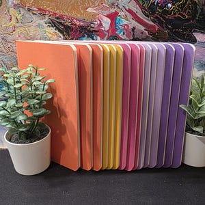 May include: A collection of colorful notebooks in shades of orange, yellow, pink, and purple. The notebooks are arranged vertically, with a small potted plant on either side. The background features an abstract painting.