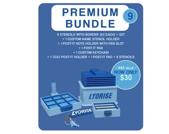 Premium Bundle 9 Piece with Border 3D Printed Sticky Note Stencil Set – Customizable Holder Desk Gift Set