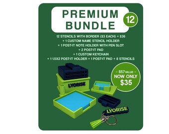 Premium Bundle 12 Piece with Border 3D Printed Sticky Note Stencil Set – Custom Holder Desk Accessory Gift