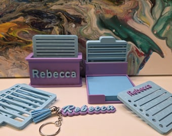 Mix Bundle 3D Printed Sticky Note Stencils 6 with Border and 8 Piece without Border Set with Holder and Custom Name Keychain – Desk Gift Set
