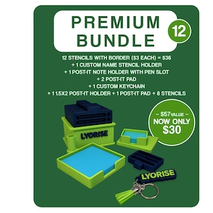 May include: A green and blue premium bundle set with the text "PREMIUM BUNDLE" and "12". The set includes stencils, a custom name stencil holder, a Post-it note holder, Post-it pads, a custom keychain, and a Post-it holder.