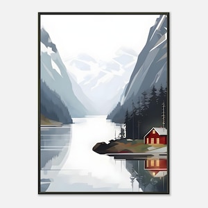 Metal Framed Minimalist Scandinavian Cabin Wall Art, Nordic Landscape Poster, Cozy Red House by Lake, Hygge Mountain Nature Print
