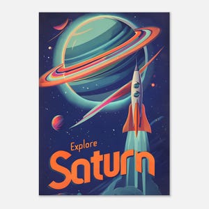 Retro futurism rymdresor affisch: Vintage sci-fi raket till Saturnus