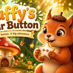 May include: Illustration of a cartoon squirrel holding a star-shaped button, with the text "Fluffy's Star Button". The image features a mushroom house, butterflies, and the text "Join Fluffy on a magical journey!"