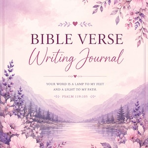 May include: A Bible Verse Writing Journal with a watercolor design. The cover features the text "BIBLE VERSE Writing Journal" in a decorative font, with a quote from Psalm 119:105. The design includes pink and purple flowers, mountains, and a lake.