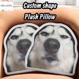 a close-up of a dog's face, with two identical images of the dog's face superimposed on a pillow.