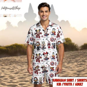 Disney Avengers Hawaiian Shirt Set Mickey Minnie Donald Goofy Pluto Captain America Summer Beach Family Matching Outfit