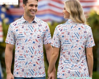 250 Years of Freedom Polo Shirt Men Women - Patriotic All Over Print USA 1776-2026 Couple Matching Polo Shirt
