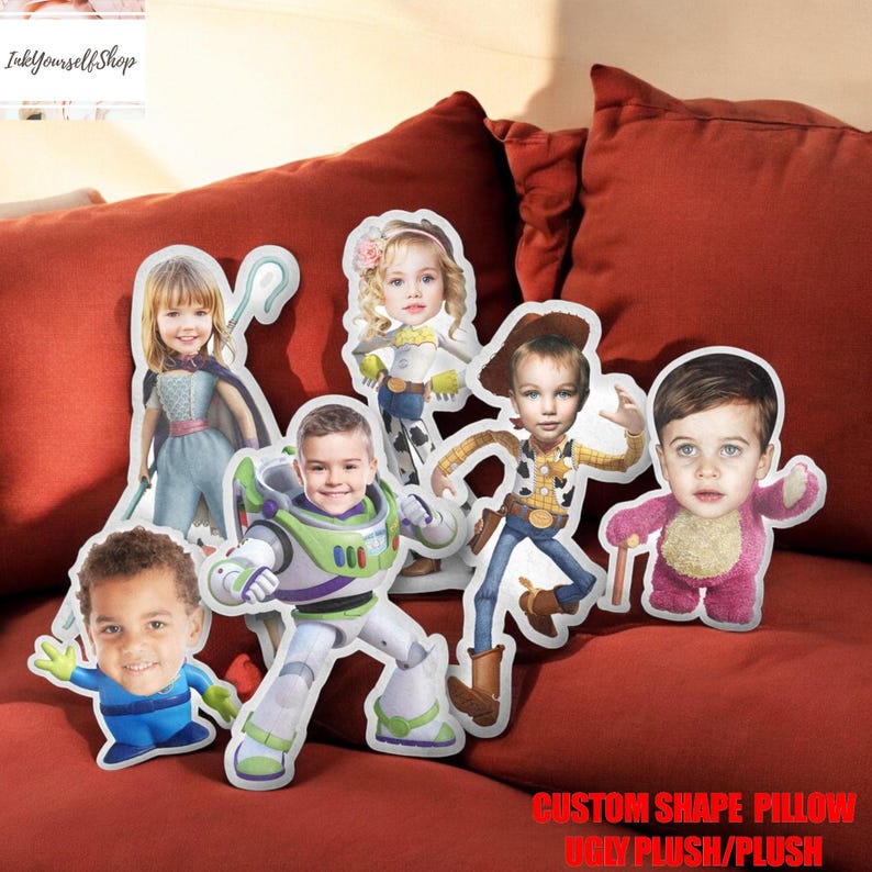 A custom-shaped pillow featuring children's characters from popular animated films, such as Toy Story and Toy Box.