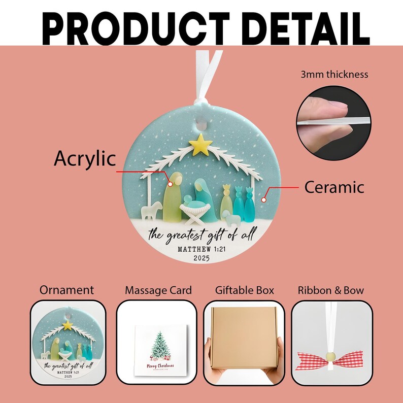 The image is a product detail for a ceramic ornament and a massage card, both with a 3mm thickness. The ornament is a round ceramic piece depicting a nativity scene, and the massage card is a rectangular piece with a Christmas tree design. The product details are provided in a clear and concise manner, without redundancy or vague descriptions.