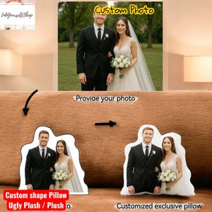 The image is a collage of three images: a bride and groom posing for a photo, a bride and groom posing for a custom-shaped pillow, and a bride and groom posing for a customized exclusive pillow.