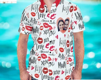 Valentine Custom Photo Hawaiian Shirt, Personalized Couple Face Shirt for Youth Adult, Romantic Love Shirt, Valentine Gift
