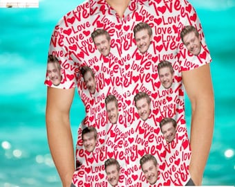 Valentine Custom Photo Hawaiian Shirt, Personalized Face Shirt for Youth Adult, Love Pattern Shirt, Valentine Gift Shirt