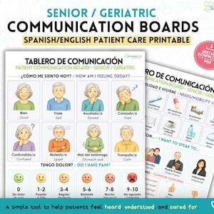May include: A bilingual Spanish and English senior communication board printable featuring illustrated icons for feelings, pain levels, and daily needs. The document includes text labels for patient care, such as 'How am I feeling today' and 'Do I have pain'.