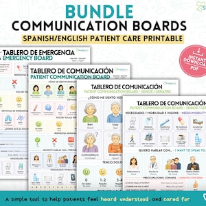 May include: A bundle of four printable communication boards featuring Spanish and English text. Each board includes colorful icons, illustrations of people, and medical symbols to assist patients with expressing needs, emotions, and pain levels.