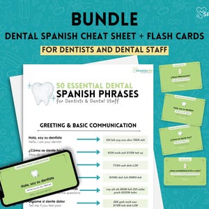 Puede incluir: Un paquete de materiales de aprendizaje de español dental para dentistas y personal dental. Incluye una hoja de trucos y tarjetas didácticas con frases esenciales. La imagen muestra un teléfono y tarjetas.