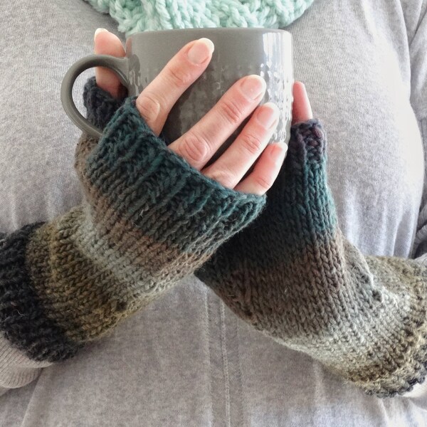 WINTER Warm Gloves. Handknit Teal Grey Fingerless Mittens. Striped Gloves. Gift For Woman. Wool Blend Gloves. Knit Mittens. Ready To Ship.