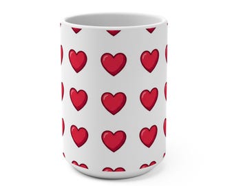 Red Heart Pattern Mug 15oz | Valentine's Day Cute Heart Doodle Ceramic