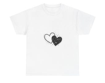 Sketch Drawing Double Hearts T-Shirt | Hand-Drawn Black White Heart Design