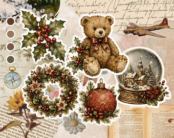 Vintage Christmas Ephemera Papers | Retro Holiday Digital Paper Bundle | Junk Journal & Scrapbook Backgrounds