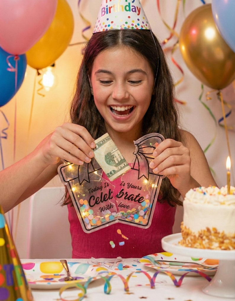 K&ouml;nnte beinhalten: Ein junger Mensch &ouml;ffnet ein Geburtstagsgeschenk, das einen 20-Dollar-Schein enth&auml;lt. Das Geschenk ist ein durchsichtiger Beh&auml;lter mit Konfetti und Lichterketten, auf dem die Worte "Today Is Yours Celebrate With Love" stehen. Ein Geburtstagskuchen und Luftballons sind im Hintergrund zu sehen.