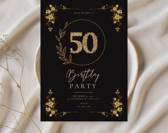 50th birthday invite, Black Gold Glitter Crown, Men's Luxry(Editable Digital Template)