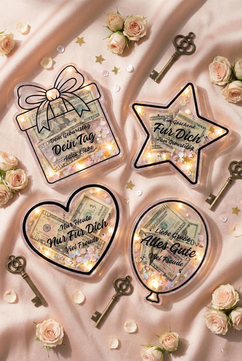 Puede incluir: Una colecci&oacute;n de adornos con forma de regalo llenos de moneda estadounidense, confeti y luces de hadas. Las formas incluyen una caja de regalo, una estrella, un coraz&oacute;n y un globo, cada uno con texto en alem&aacute;n. Llaves antiguas y rosas est&aacute;n dispersas.