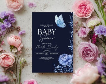Elegant Blue Baby Shower Invitation (Canva Editable, Digital Download)