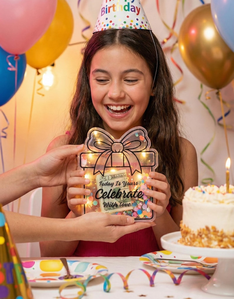 K&ouml;nnte beinhalten: Eine l&auml;chelnde Person h&auml;lt eine transparente Geschenkbox mit Schleifendesign, gef&uuml;llt mit Konfetti und Lichtern. Auf der Box steht der Text "Today Is Yours Celebrate With love". Ein Geburtstagskuchen und Luftballons sind im Hintergrund.