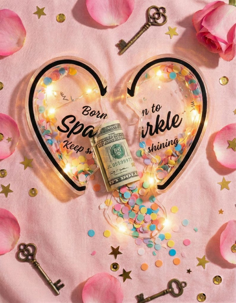 K&ouml;nnte beinhalten: Auf rosa Hintergrund zwei herzf&ouml;rmige, transparente Beh&auml;lter mit dem Text "Born to Sparkle" und "Keep shining". Die Beh&auml;lter sind mit Konfetti und Lichterketten gef&uuml;llt. Eine aufgerollte Banknote liegt dazwischen, mit verstreutem Konfetti, Schl&uuml;sseln, Rosenbl&auml;ttern und goldenen Sternen.