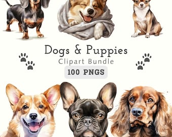 Paquete de 100 imágenes PNG de perros, ilustraciones de cachorros en acuarela, plantilla Canva para mamás de perros