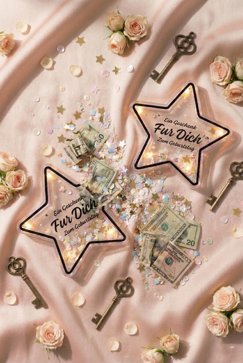 Puede incluir: Dos cajas de regalo en forma de estrella con el texto "Ein Geschenk Fur Dich Zum Geburtstag" est&aacute;n llenas de dinero en efectivo y confeti. La escena incluye llaves antiguas, rosas y confeti en forma de estrella esparcido sobre tela rosa.