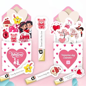 May include: Valentine's Day themed gift set with stickers and candy bars. The set includes pink and white envelopes with heart and couple illustrations, and candy bars with phrases like "Love in Every Bit" and "Sweet Like Our Love".
