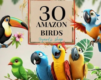 30 Amazon Birds Clip Art PNG Bundle | Watercolor Tropical Birds (Digital Download)