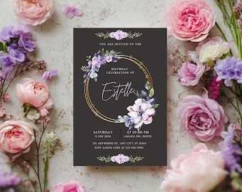 Black Gold Glitter Birthday Invitation, Elegant Party, Canva Editable (Digital Download)