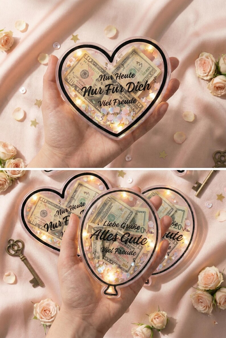 Puede incluir: Caja de regalo acr&iacute;lica transparente en forma de coraz&oacute;n llena de billetes de d&oacute;lar estadounidense, confeti y luces de hadas. El texto "Nur Heute Nur F&uuml;r Dich Viel Freude" es visible. Una idea de regalo rom&aacute;ntica.