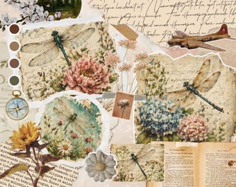 Dragonfly Floral Junk Journal Kit: Vintage Ephemera (Digital Download)