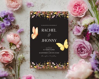 Wedding Invitation Template, Luxury Black Flowers Editable Invite, Canva Editable, Digital Download