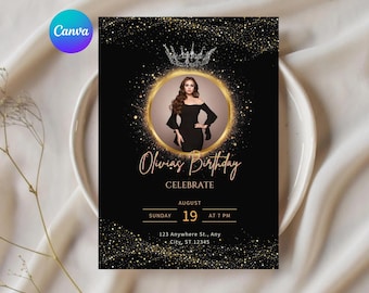 Queen Crown Birthday Invitation Template, Black and Gold Glitter (Editable Digital Download)