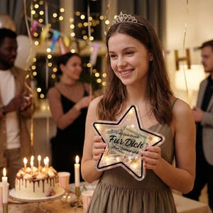 Puede incluir: Una persona con una tiara sostiene una caja de regalo en forma de estrella con el texto "F&uuml;r Dich zum Geburtstag" y dinero dentro. La caja est&aacute; iluminada con peque&ntilde;as luces. El fondo incluye globos, un pastel y decoraciones de fiesta.