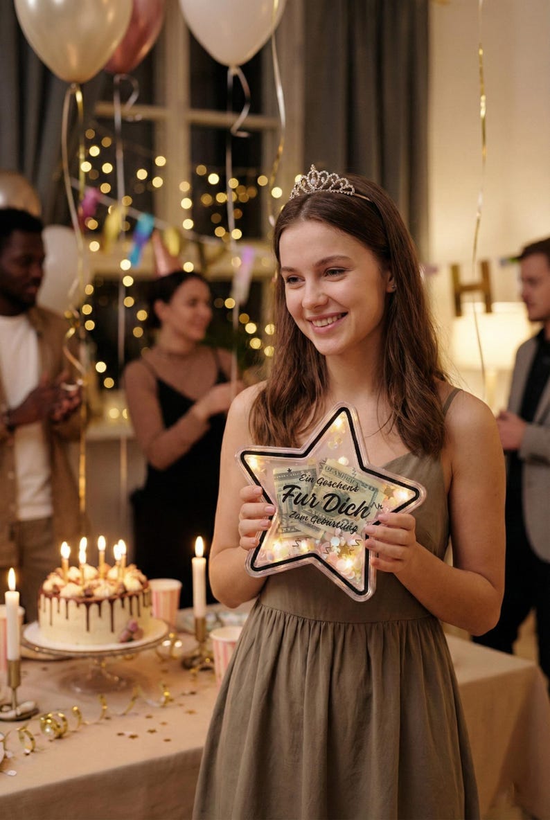 Puede incluir: Una persona con una tiara sostiene una caja de regalo en forma de estrella con el texto "F&uuml;r Dich zum Geburtstag" y dinero dentro. La caja est&aacute; iluminada con peque&ntilde;as luces. El fondo incluye globos, un pastel y decoraciones de fiesta.
