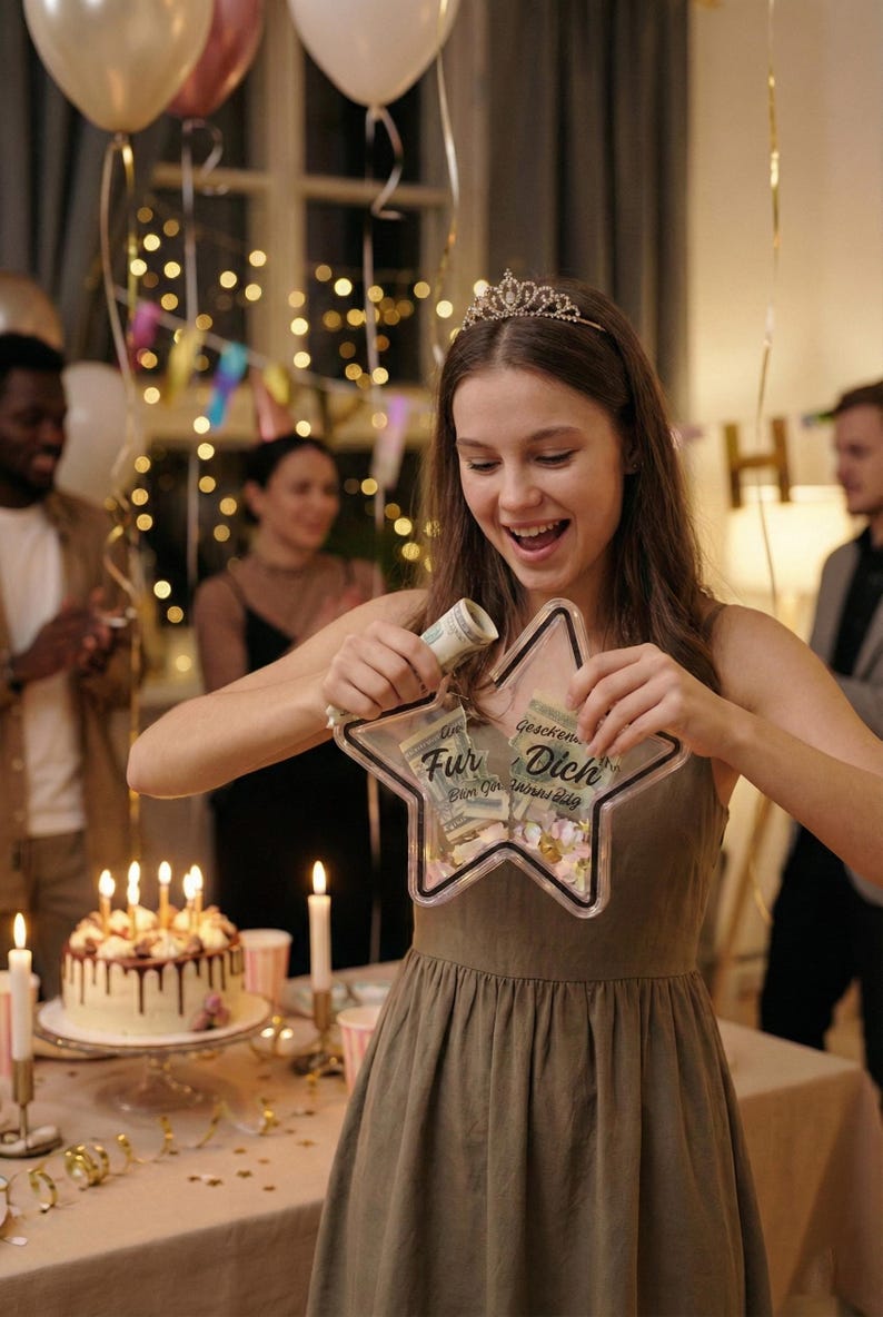 Puede incluir: Una mujer sostiene una caja de regalo en forma de estrella llena de dinero y caramelos. La caja tiene las palabras "Fur Dich". La escena es una fiesta de cumplea&ntilde;os con tarta, globos y velas.