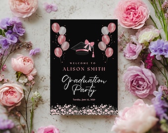 Gold Bow Floral Graduation Invitation, Editable Canva Template (Digital Download)